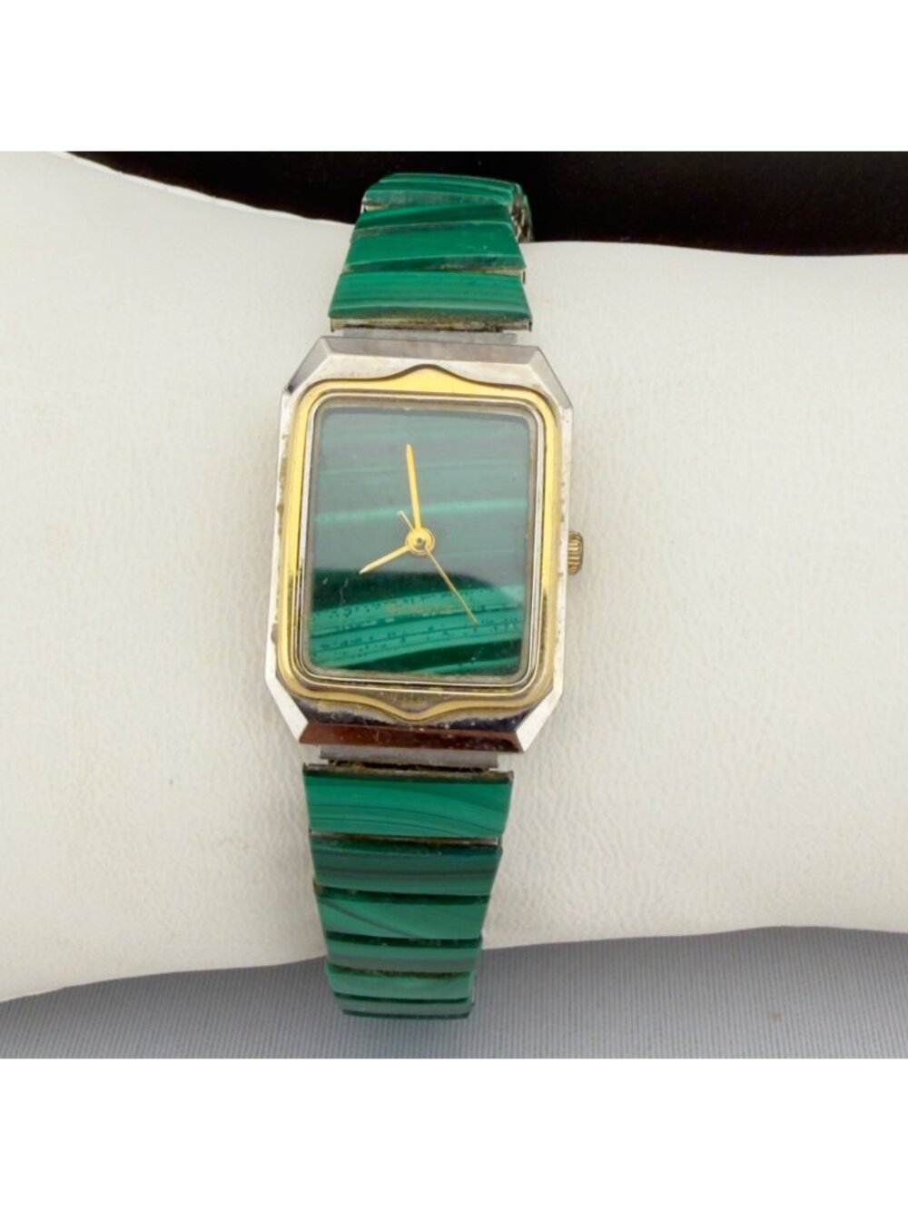 Vintage Malachite Green Stone Stretch Bracelet Watch Rectangle New Battery Works